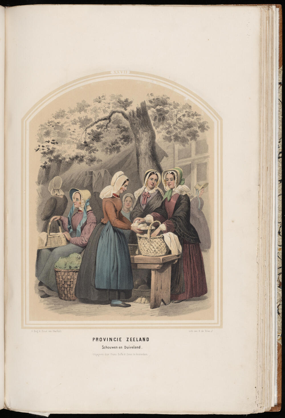 Vrouwen in de dracht van Schouwen en Duiveland op de markt van Zierikzee