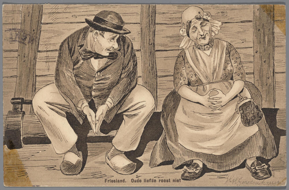 Tekening met man en vrouw in Friese streekdracht