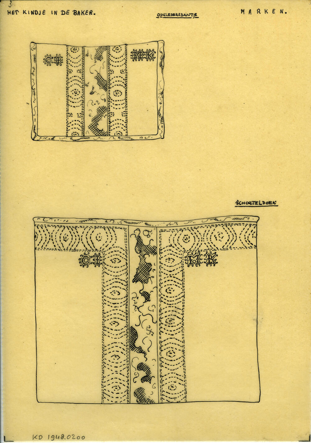 Tekening van opkledersbauwtje en schorteldoek, Marken