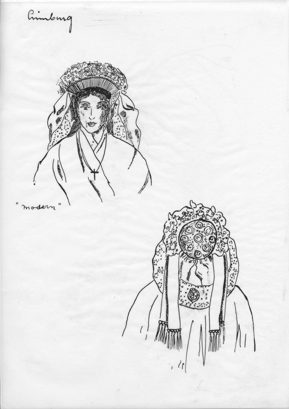 Tekening van een vrouw met moderne muts, Limburg