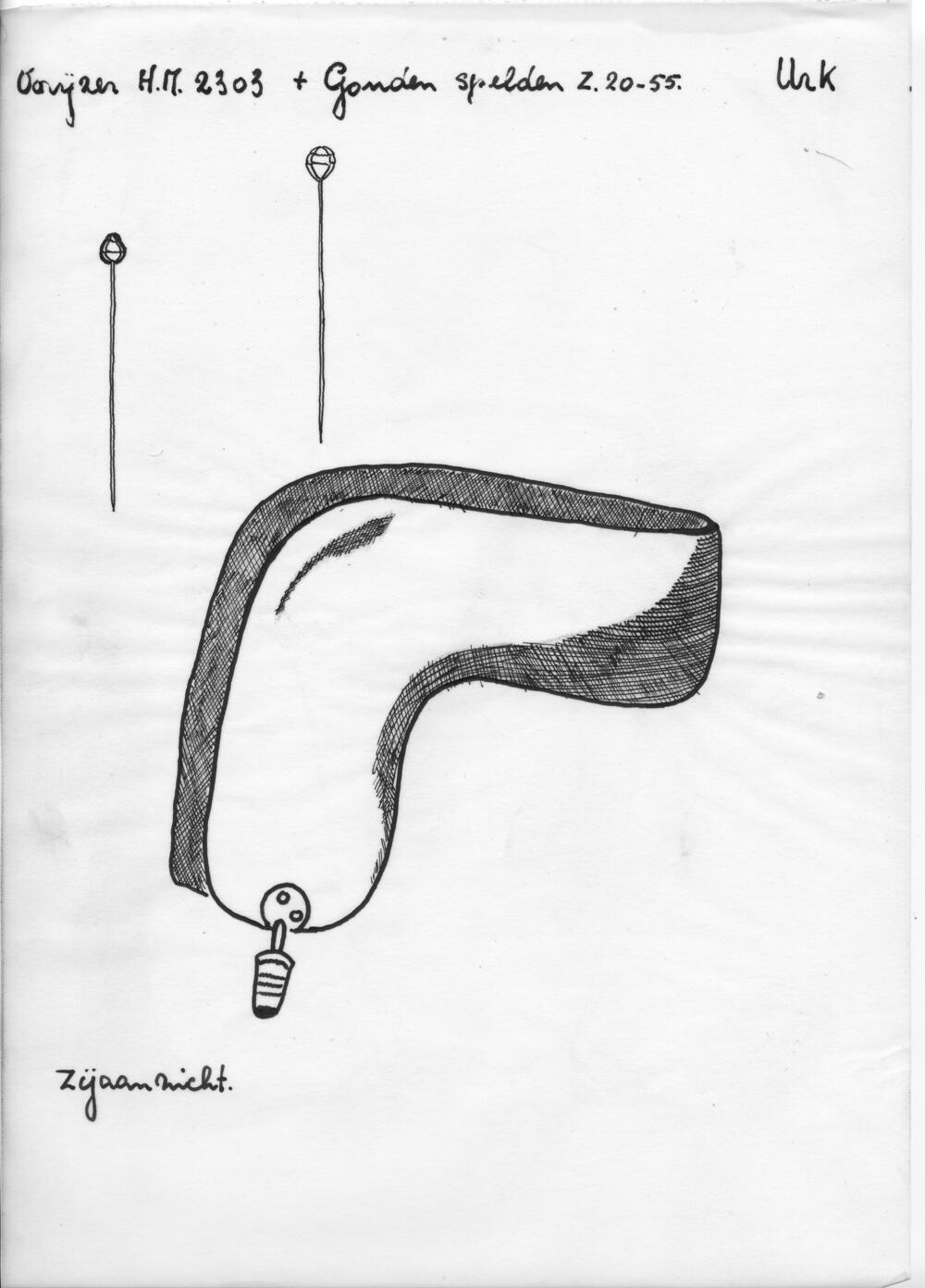 Tekening van een oorijzer en gouden spelden, Urk