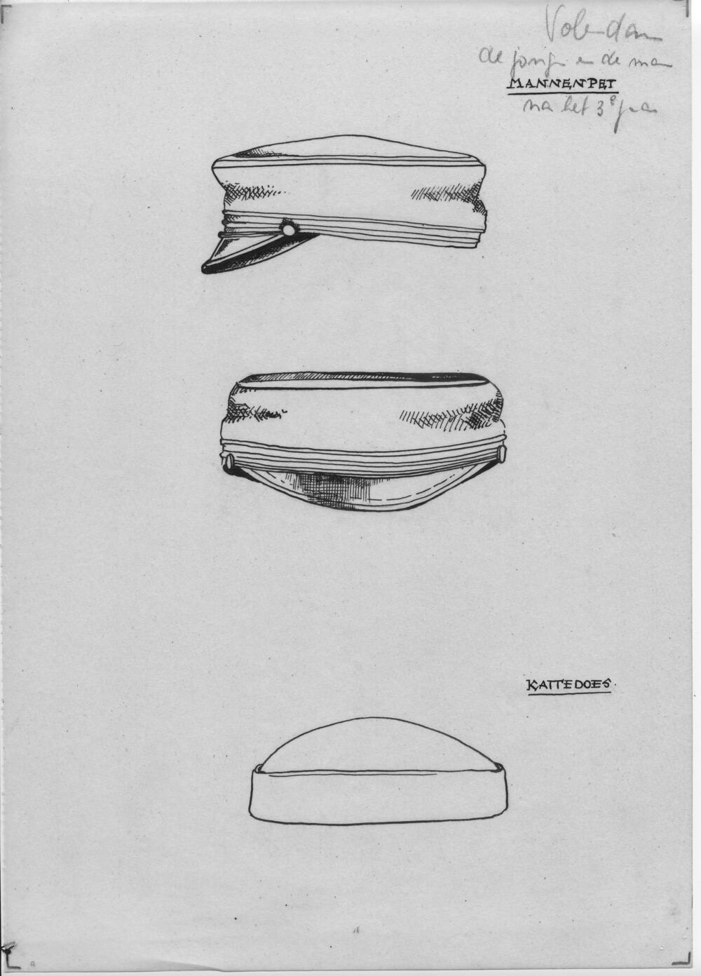 Tekening van een mannenpet en een 'kattedoes', Volendam