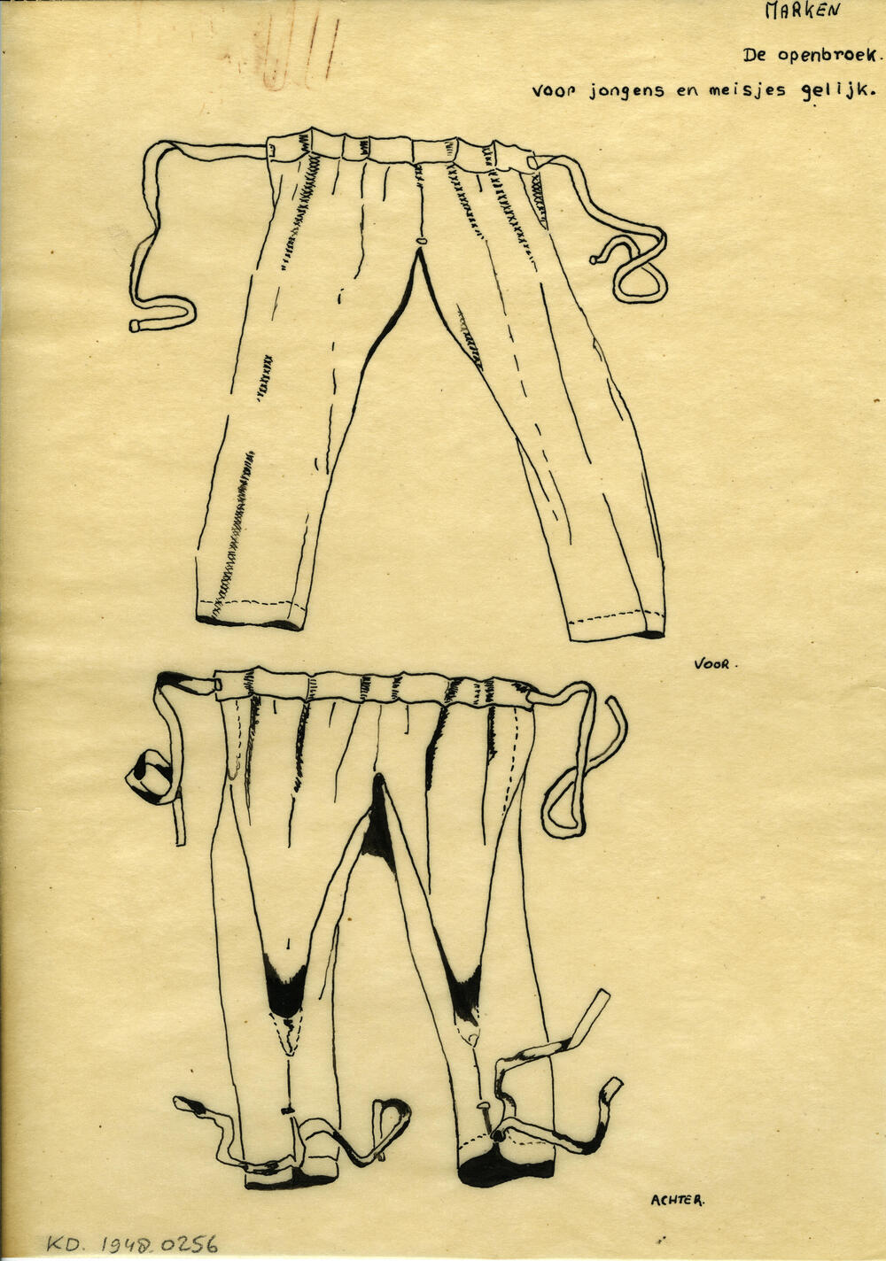 Tekening van een openbroek, Marken