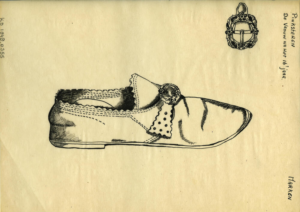 Tekening van een vrouwenschoen en gesp, Marken