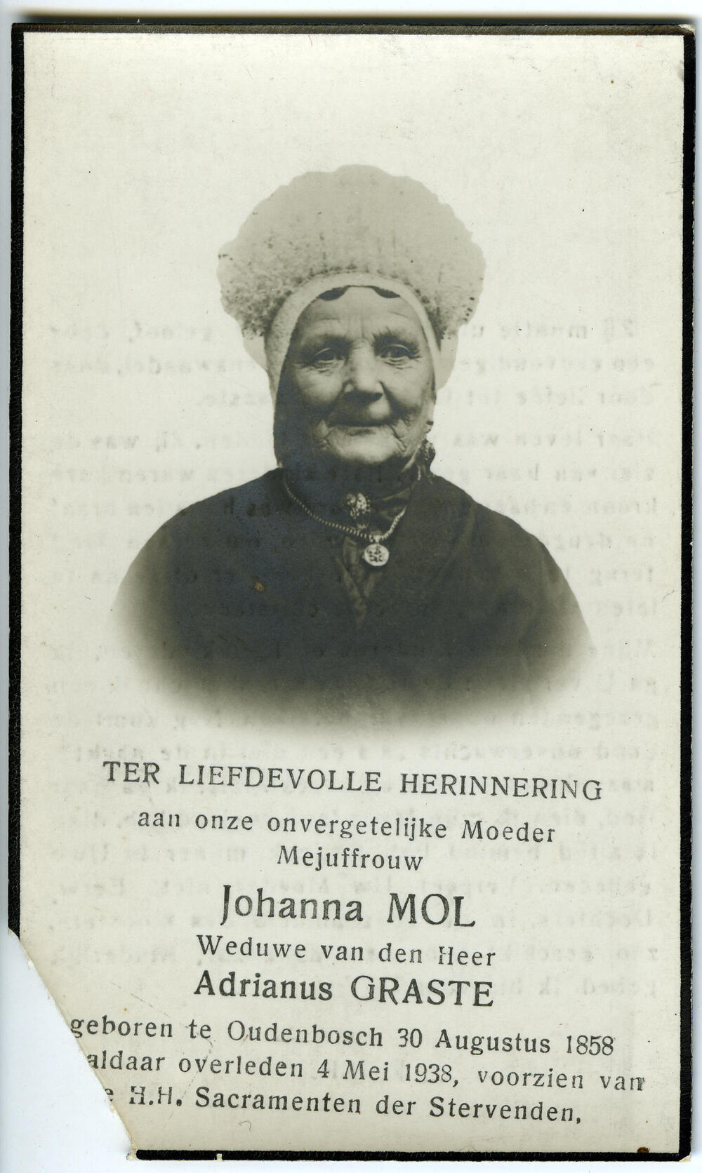 Bidprentje van Johanna Mol, 1938