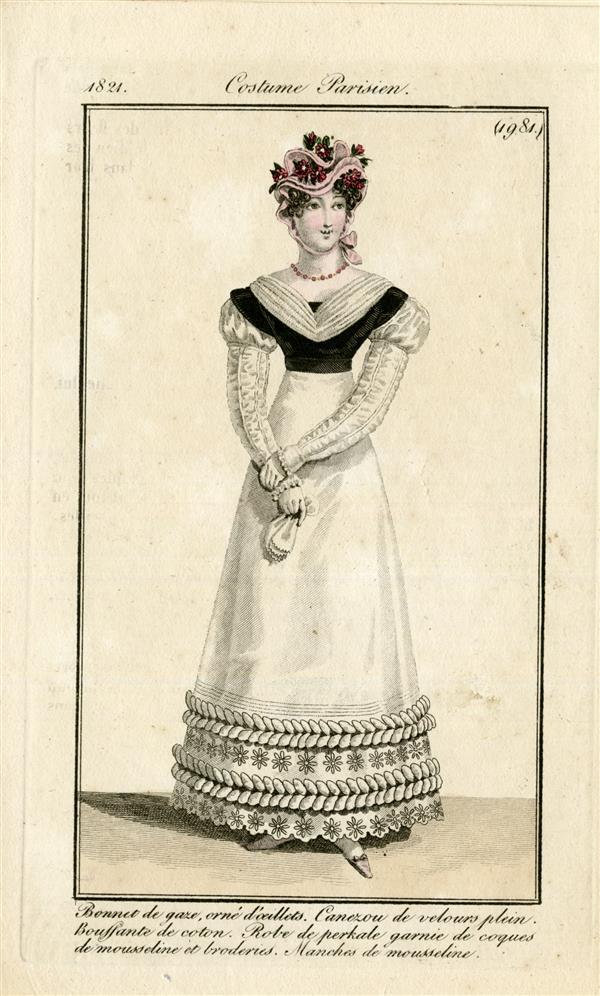 Costume Parisien 'Bonnet de gaze, orné d'oeillets. Canezon de velours plein. Bouffante de coton…
