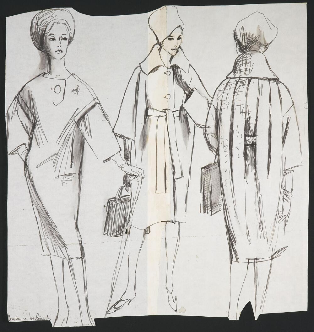 Modetekening van jurk Dior en mantel Madame Grès