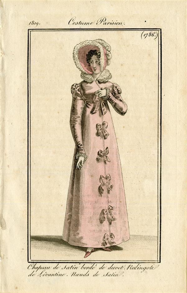 Costume Parisien 'Chapeau de satin bordé de duvet. Redingote de Lévantine. Noeuds de Satin'