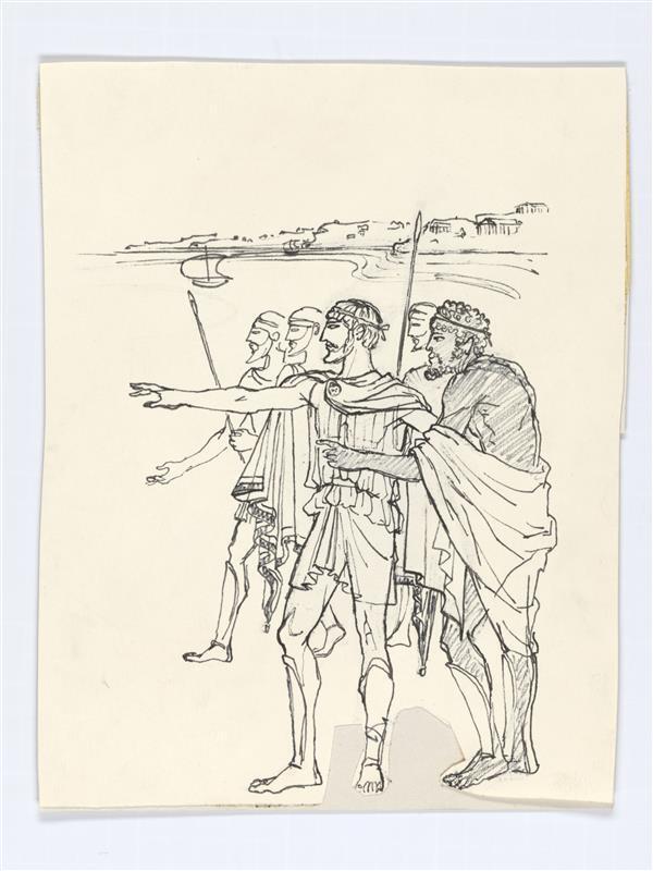 Illustratie van Odysseus en vier mannen aan de rand van de zee
