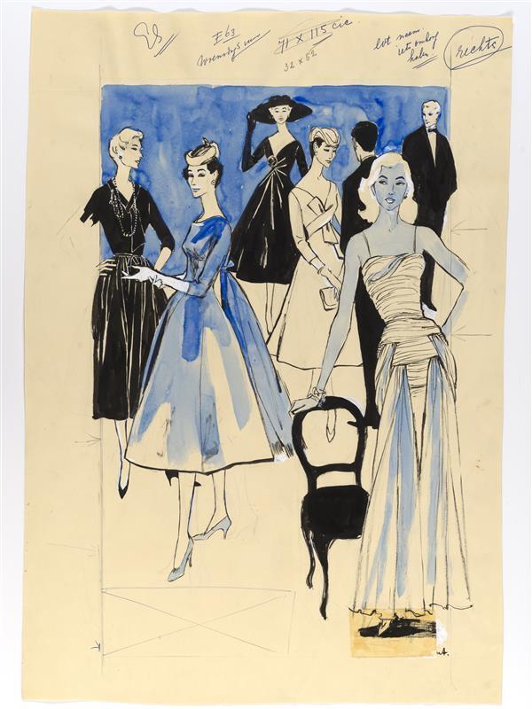 Modetekening van dinerjurk Chanel, korte avondjurk Dior, cocktailjurken Dior en Lanvin-Castillo en…