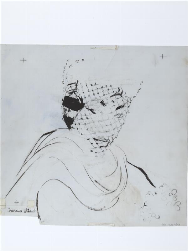 Illustratie, portret van vrouw met hoedje, voile en bloemen
