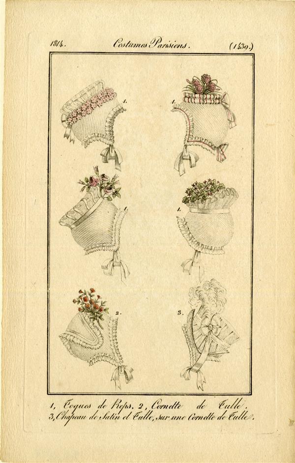 Costumes Parisiens '1. Toques de Reps, 2. Cornette de Tulle, 3. Chapeau de Satin et Tulle, sur une…