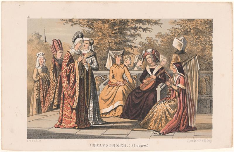 Twee kleurenlitho's met historische kleding
