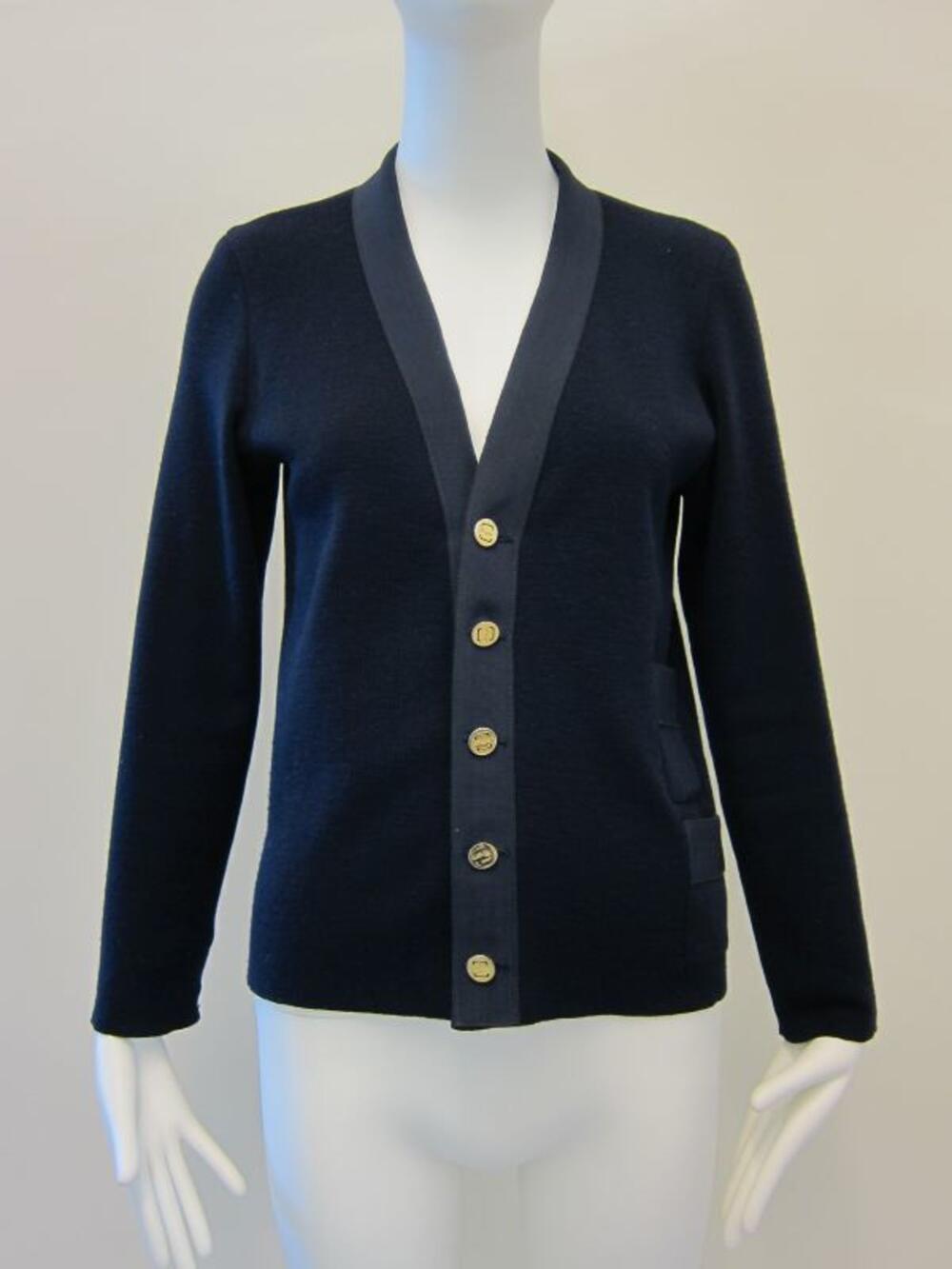 Cardigan in donkerblauw wol met goudkleurige knopen