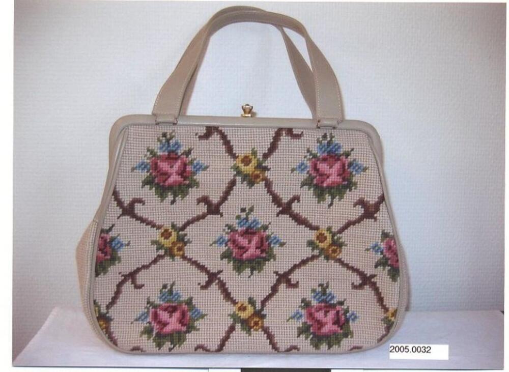 Handtas in beige gobelin met roze en gele bloemen