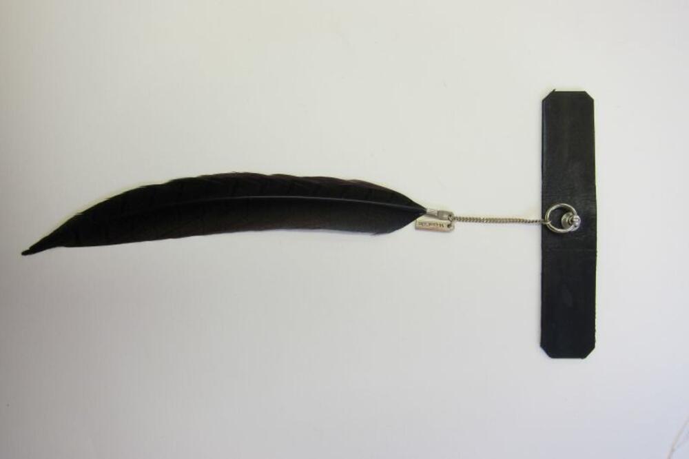 Halsboordjuweel in zwart leer met pluim en ketting