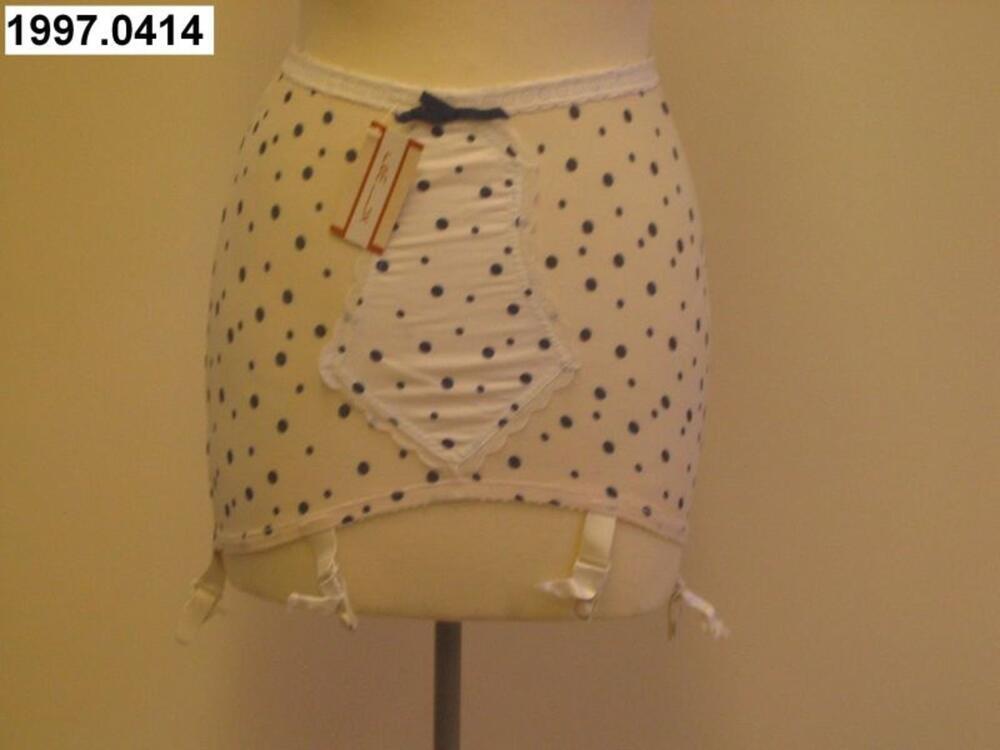 jarretelgordel in witte stretchstof met blauwe noppen