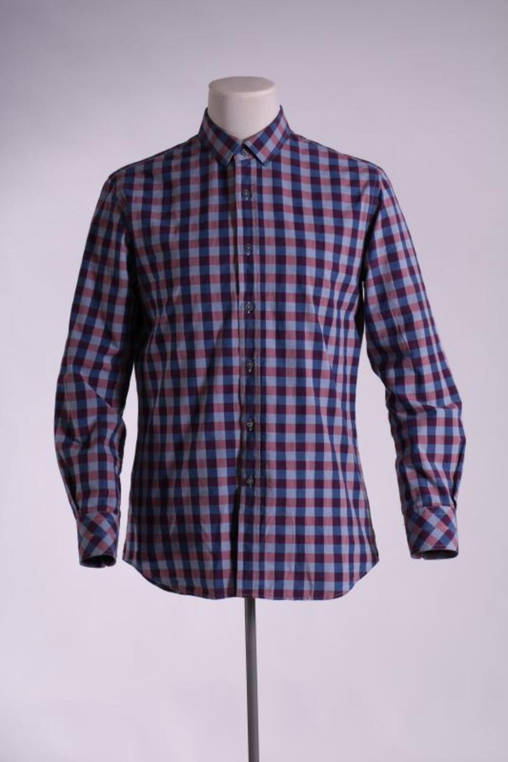 Overhemd met blauw, grijs en bordeaux ruiten in katoen