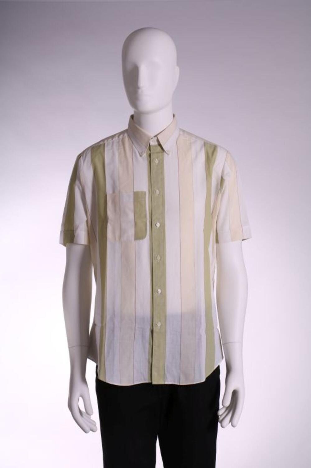 Hemd in polyester metwit, beige en groene verticale brede strepen met korte mouwen