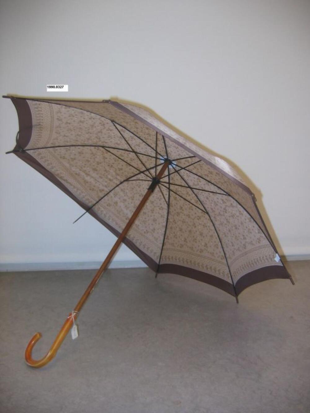 Paraplu in beige nylon met bruine randen en bloemmotief