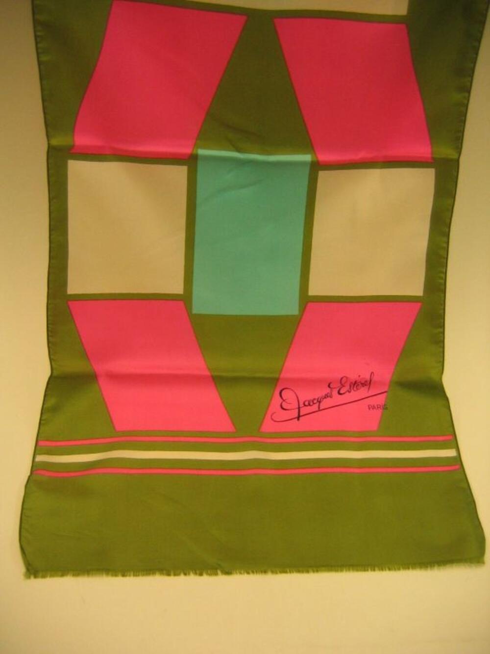 Foulard in zijde versierd met groen, roze en wit geometrisch motief