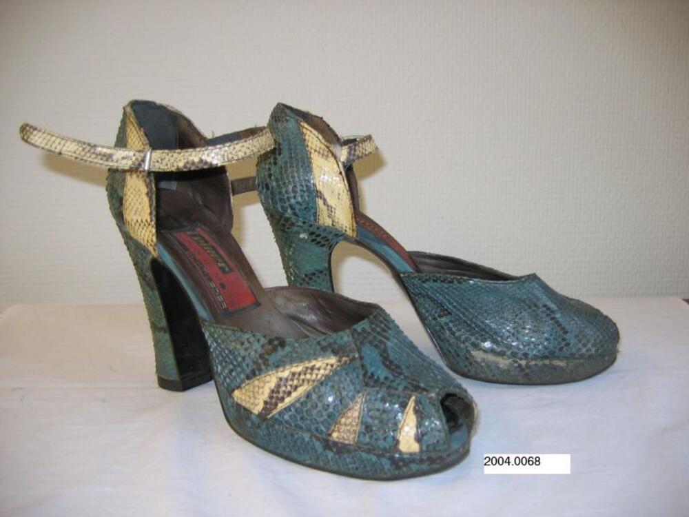 Halfopen schoenen in groen-beige reptielleer