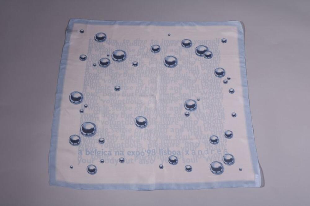 Foulard in wit zijde met blauwe bellen en tekst