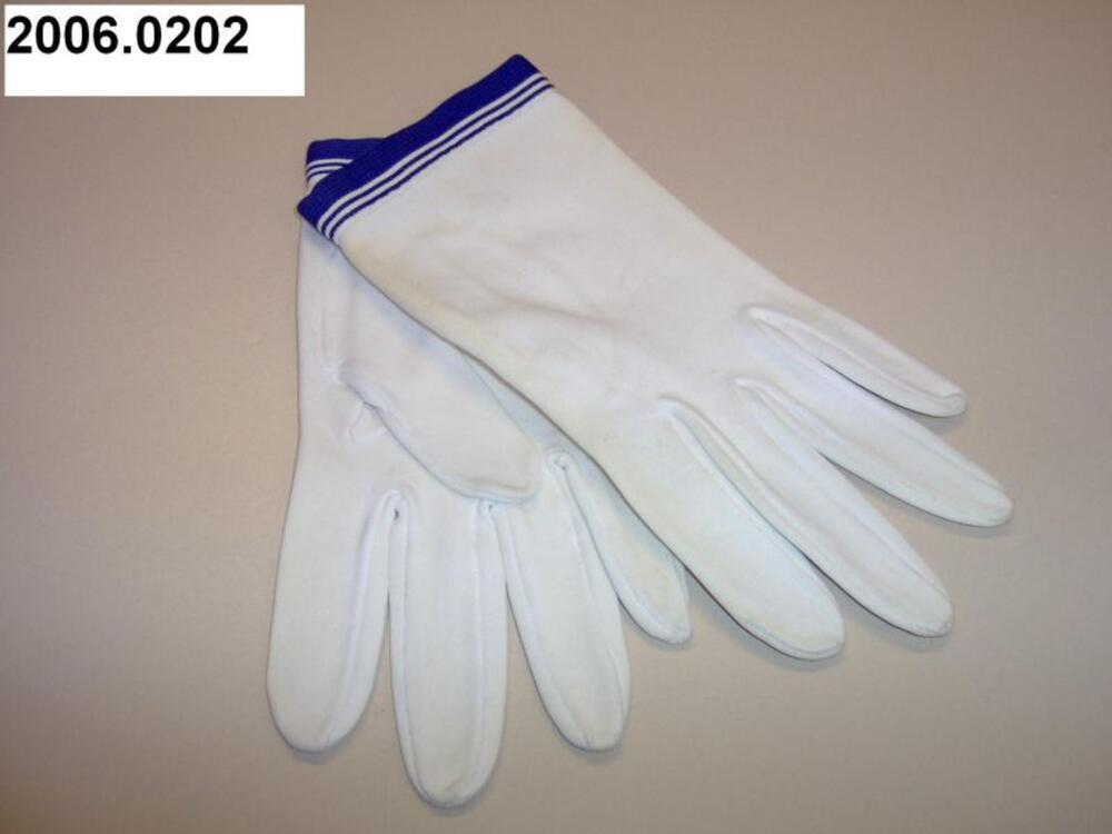 Handschoenen in wit synthetisch materiaal met gestreepte, blauwe boord