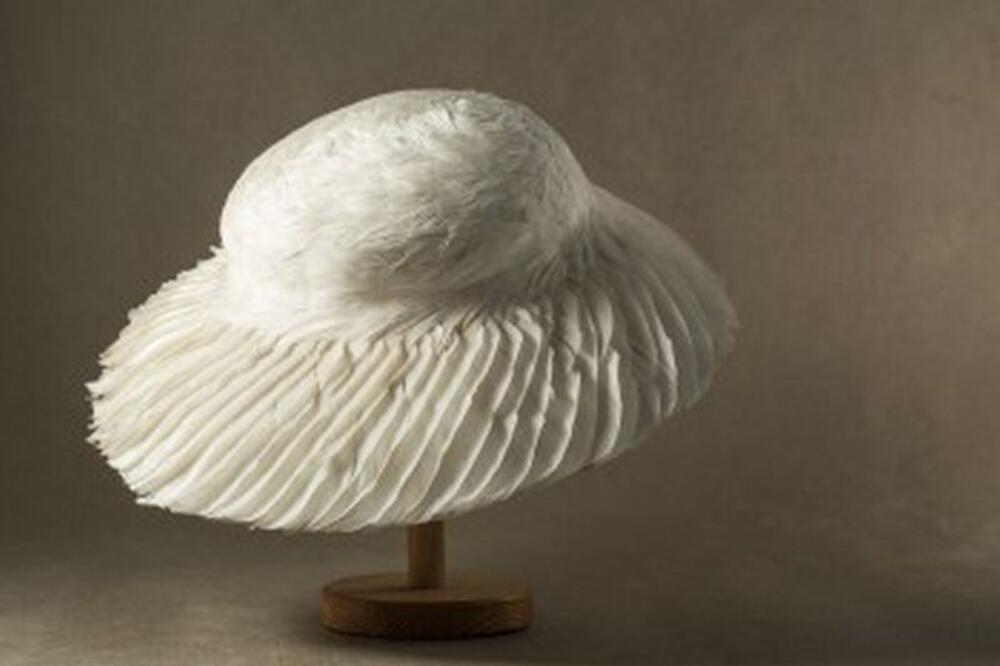 Platte hoed bezet met witte veren