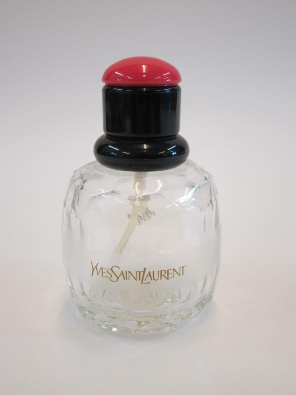 Parfumfles in transparant glas met zwart-roze sprayknop