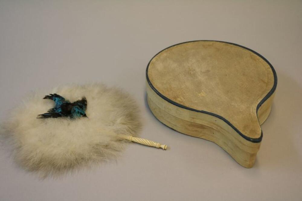 Ensemble bestaande uit vaste waaier met witte struisvogeldons versierd met kolibrie in originele…