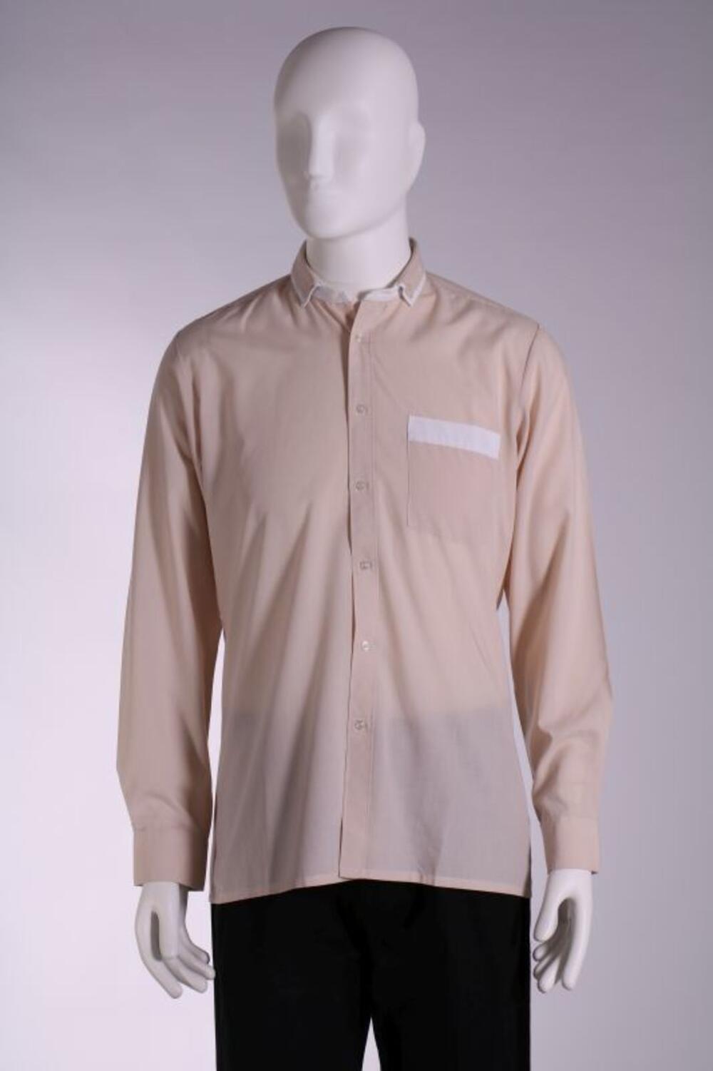 Hemd in beige polyester met witte kraag en zakboord