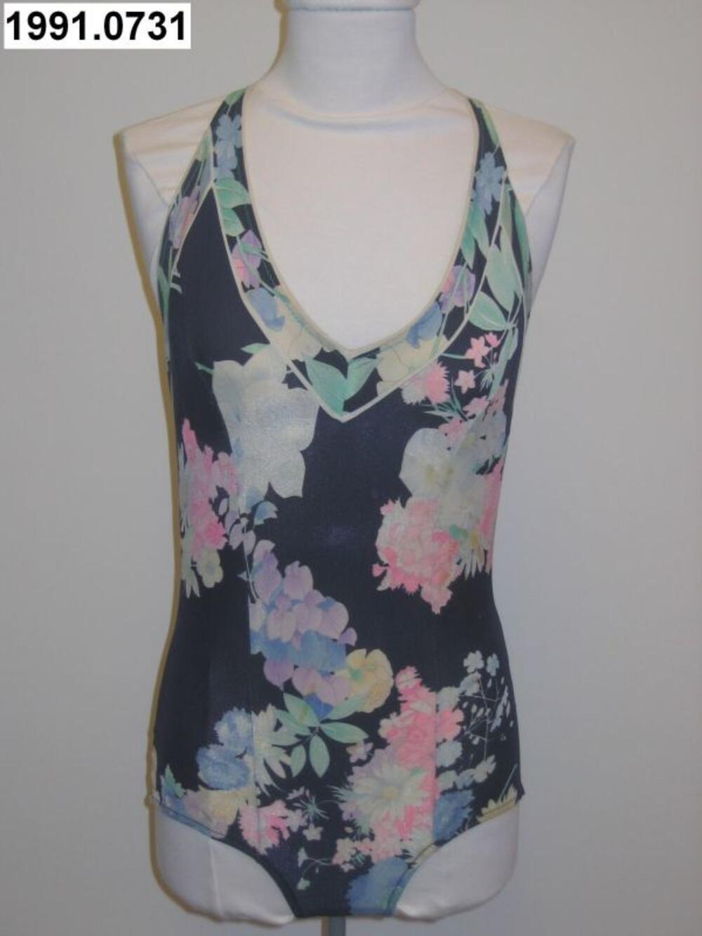Badpak in donkerblauwe polyamide met bloemenmotief