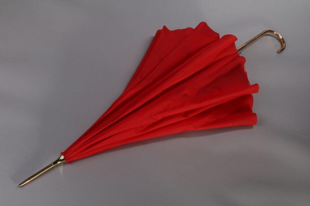 Paraplu in rode nylon met bedrukte voering en goudkleurige handvat