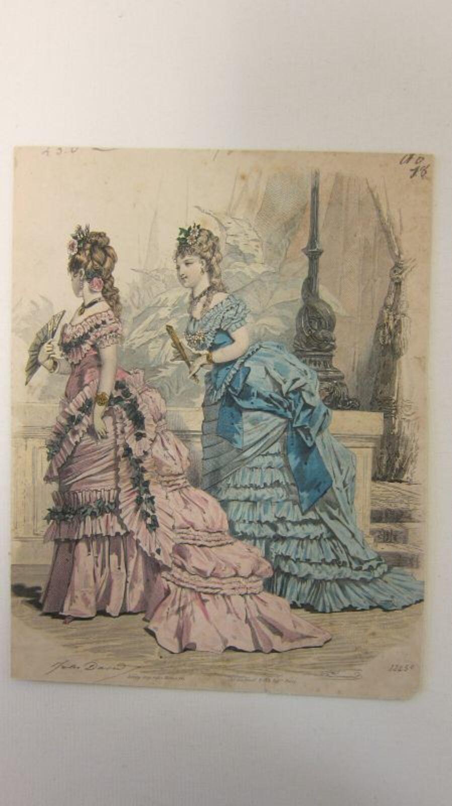 Kopergravure op papier met een afbeelding van twee dames