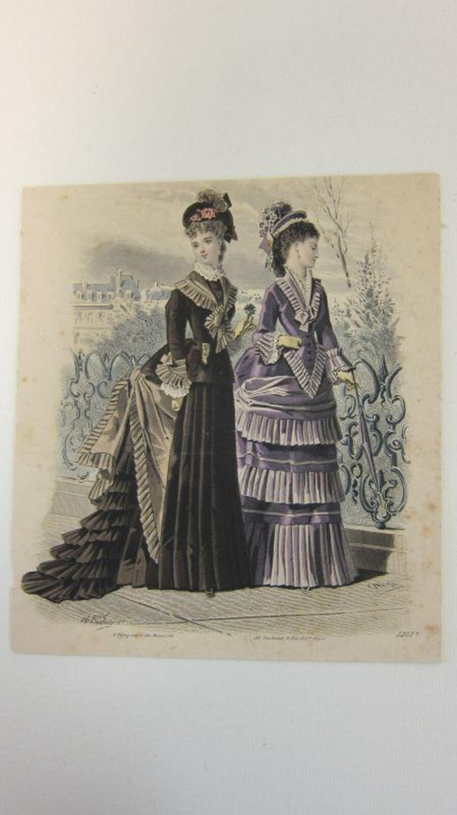 Kopergravure op beigekleurige papier met afbeelding van twee vrouwen