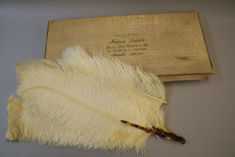 Vouwwaaier met witte struisvogelveren in originele doos