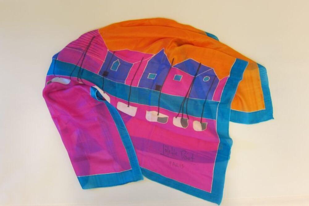 Foulard in oranje, roze, paars en turkooizen zijde