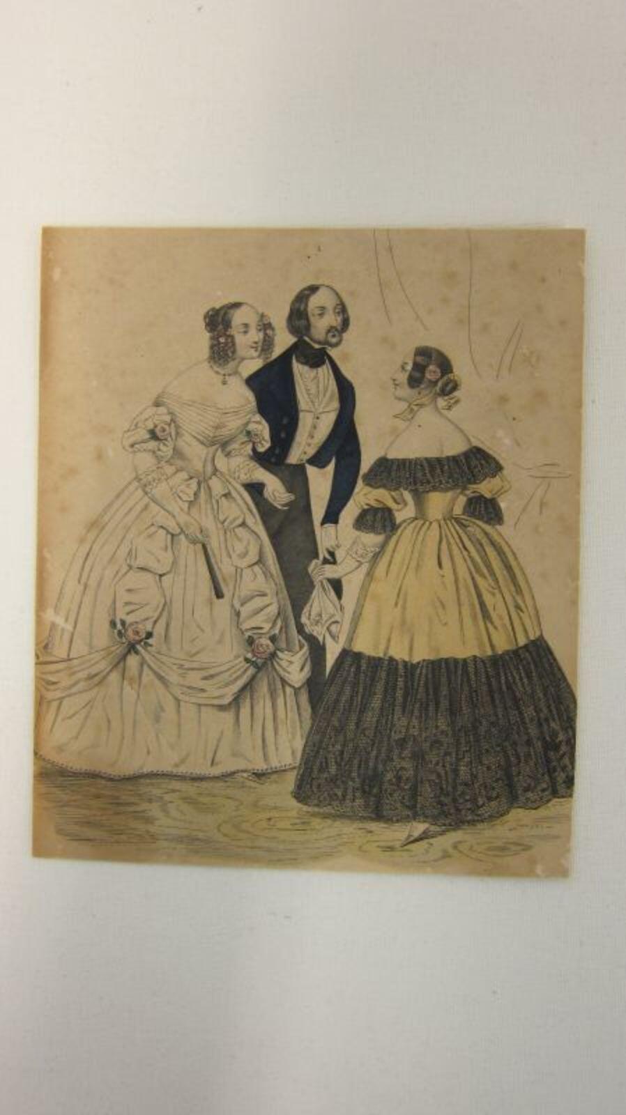 Kopergravure op papier met een afbeelding van twee vrouwen en een man