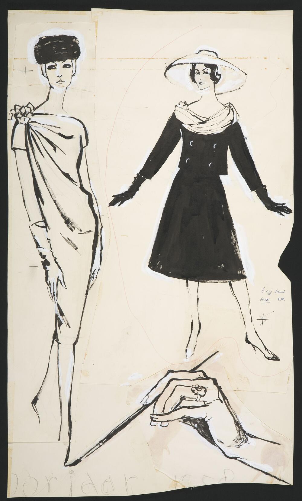 Modetekening van jurk Cardin en deux-pièces Dior