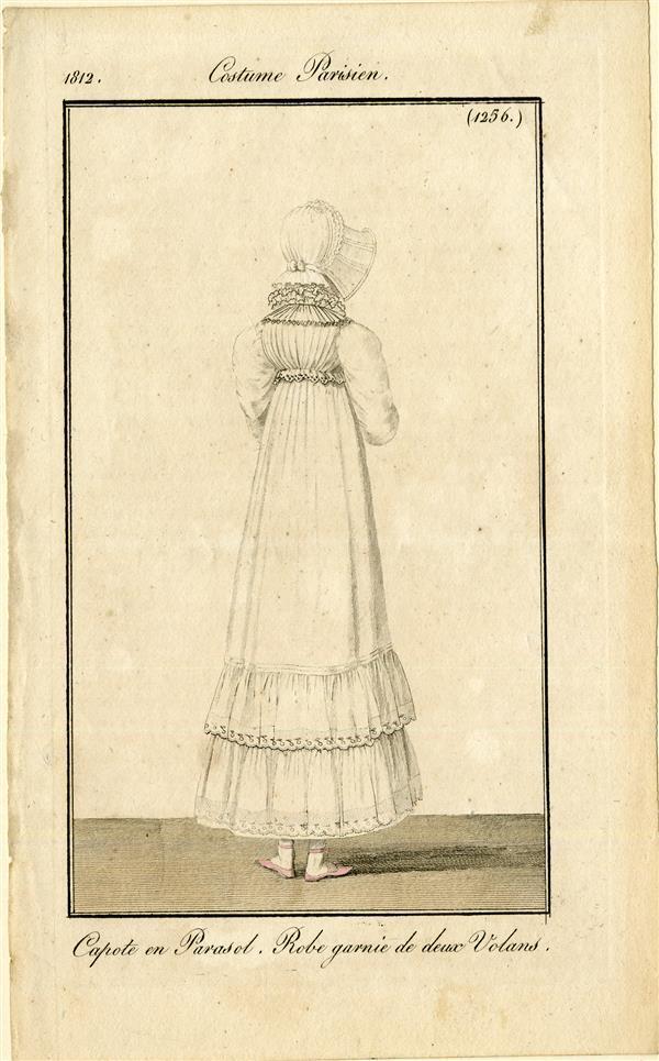 Costumes Parisiens 'Capote en Parasol. Robe garnie de deux Volans'