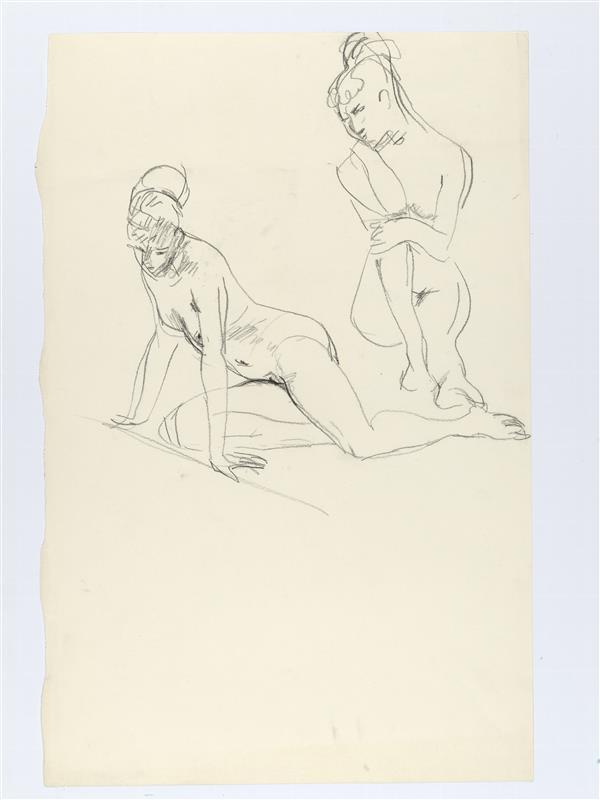 Modeltekening van twee vrouwfiguren, zittend op grond