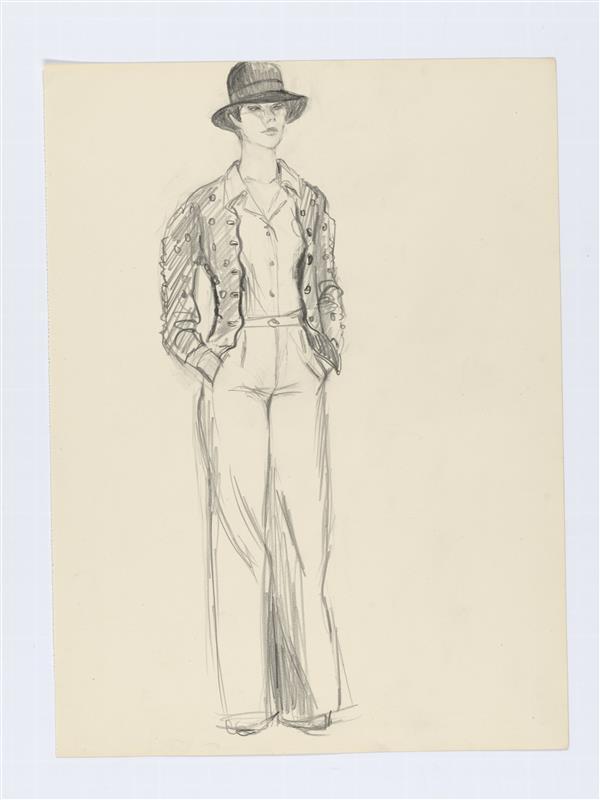 Modeltekening van staande vrouw in jasje en lange broek