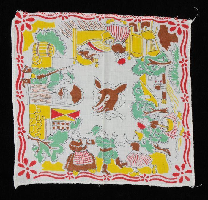 Vierkante witte katoenen kinderzakdoek met gekleurde opgedrukte voorstellingen uit sprookje …