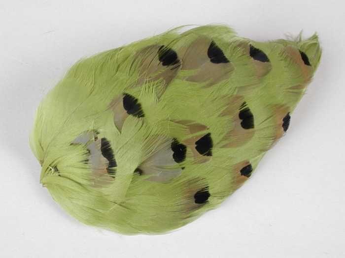 Verendecoratie, in bladvorm op vilt geplakte groene veren waartussen beige veren met een zwarte vlek