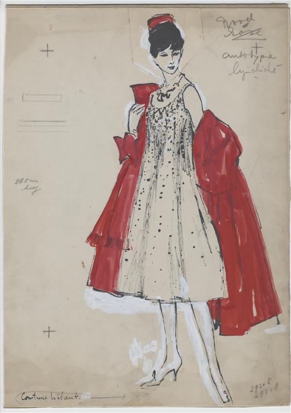 Modetekening van deux-pièces Dior, bestaande uit mantel en jurk