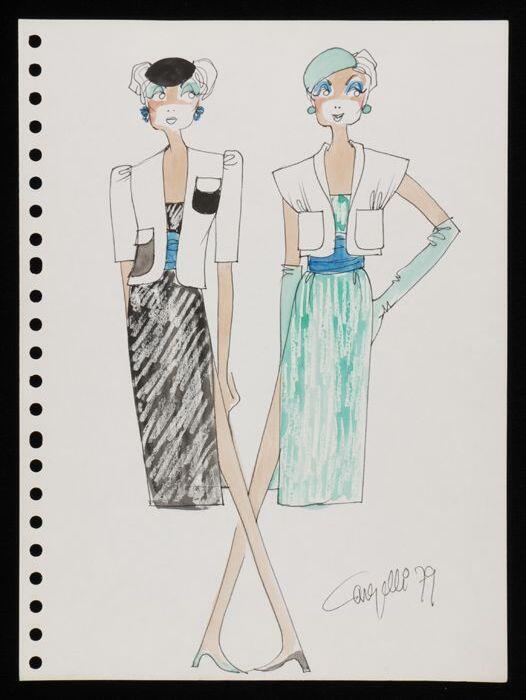 Mode-tekening, ontwerptekening in gemengde technieken op wit papier, "Cargelli '79"