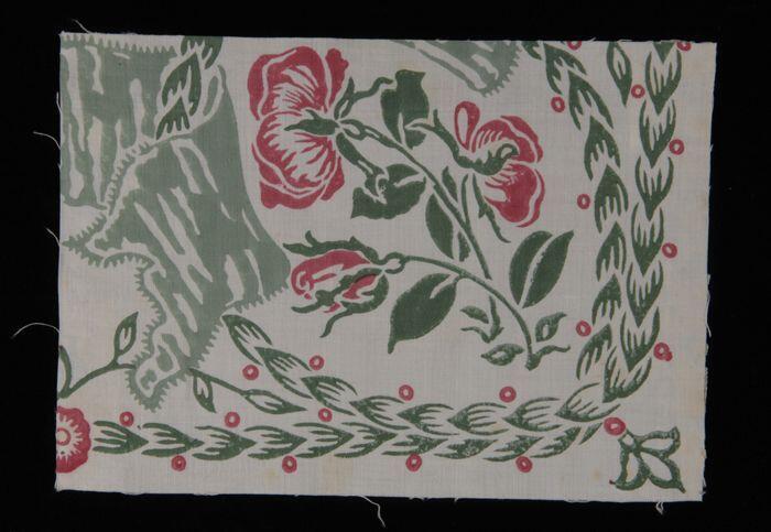 Stofstaal, katoen met rozen dessin in roze en groen, Kralingse katoenaatschappij, "2489"