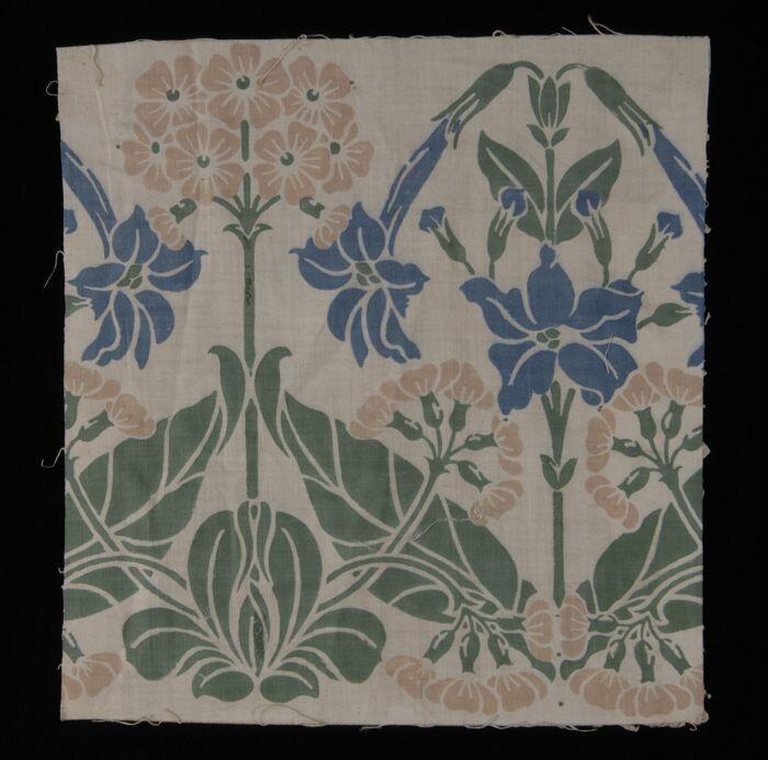 Stofstaal, katoen met dessin van bloemen in roze, blauw en groen, Kralingse katoenaatschappij, …