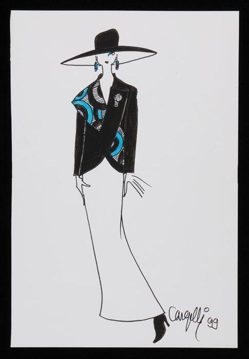 Mode-tekening, ontwerptekening in gemengde technieken op wit papier, "Cargelli 99"